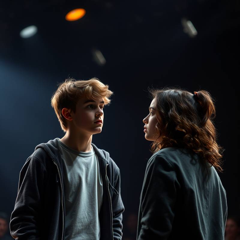 Dos estudiantes representando una escena dramática en el escenario, con iluminación teatral enfocada en ellos.
