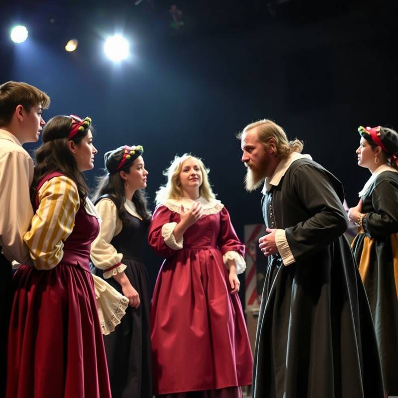Estudiantes actuando en una obra de Shakespeare con vestuario de época.