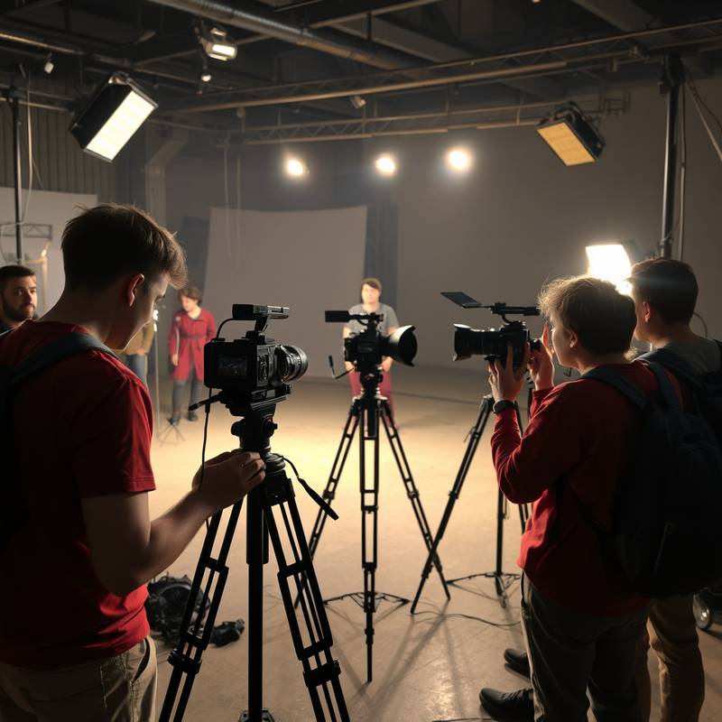 Estudiantes grabando una escena en un set de cine, con cámaras, luces y equipo técnico alrededor.