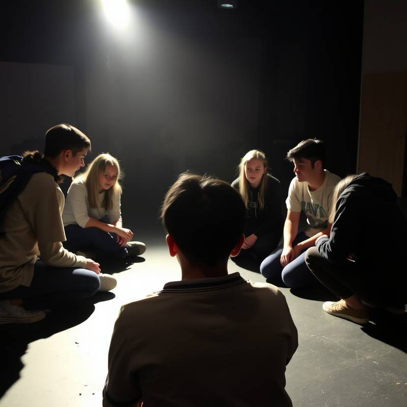 Estudiantes practicando una escena teatral