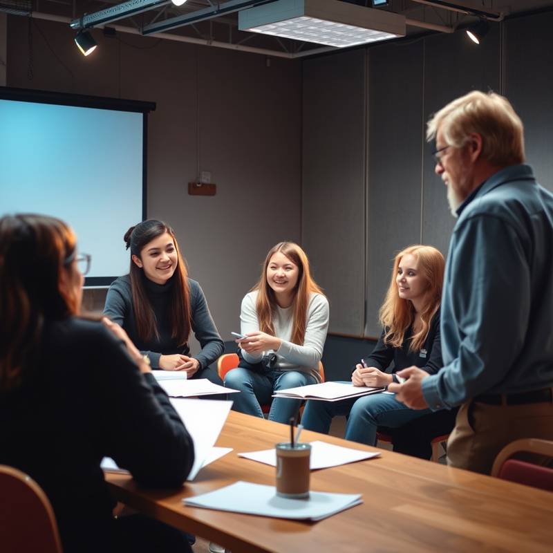 Estudiantes recibiendo retroalimentación constructiva del profesor en un ambiente de clase de actuación colaborativo.