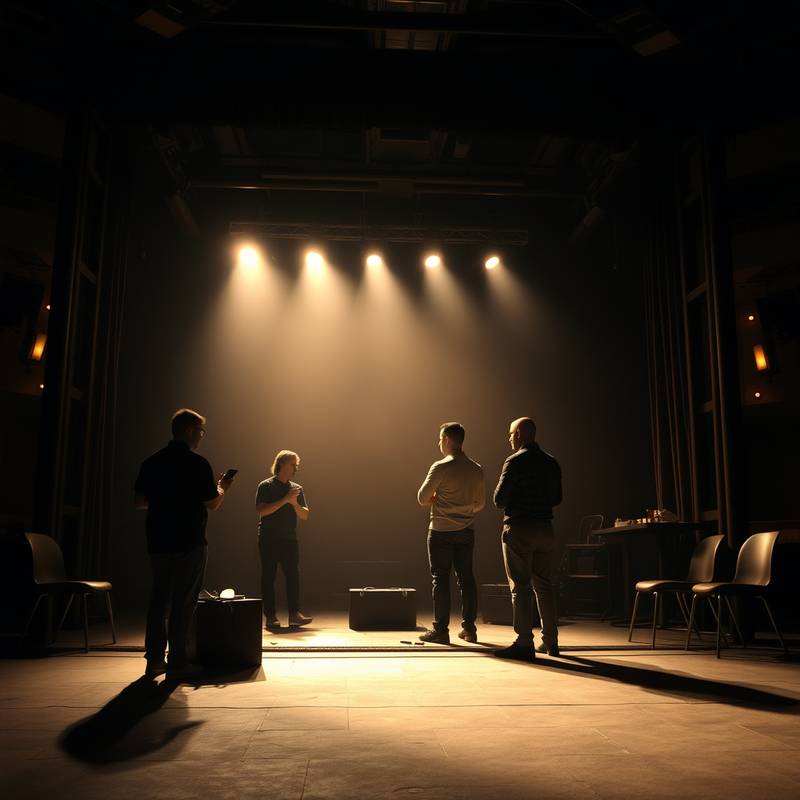 Vista detrás del escenario durante una producción teatral, mostrando a los actores preparándose antes de salir a escena.